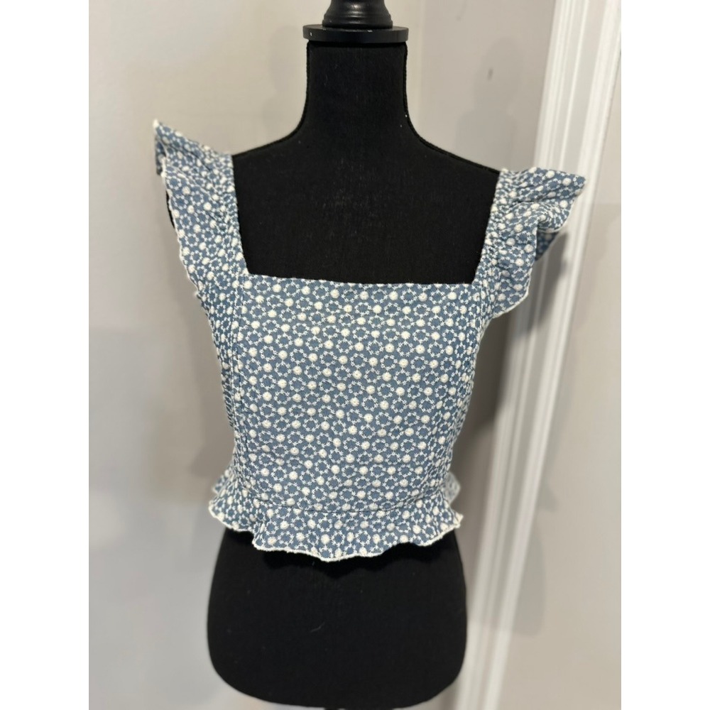 Kirious Los Angeles Eyelet Ruffle Strap Crop Top Women Medium Blue White Cotton